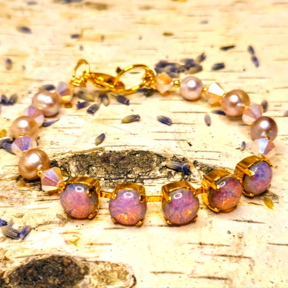 Pink Fire Opal Glass & Rose Opal AB Crystal Beads In Gold Plated Bracelet